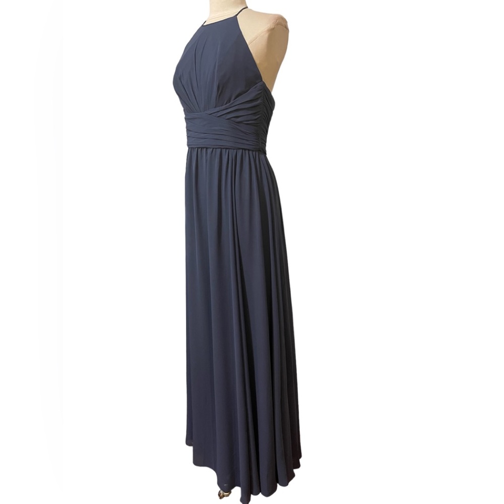 - Amsale halter-neck dress with pleating across the bodice and waistband